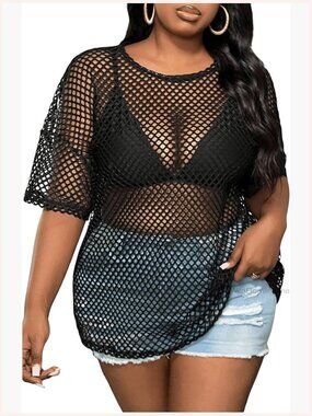 Plus Size Fishnet Crochet See Through Short Sleeve Crew Neck Y2K Tee Top